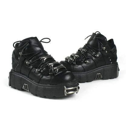 Zapatos de cuero estilo punk para mujer, con cordones, tacón de 6 cm de altura, plataforma, botines góticos para mujer, botas de motociclista de PU, zapatillas de suela gruesa