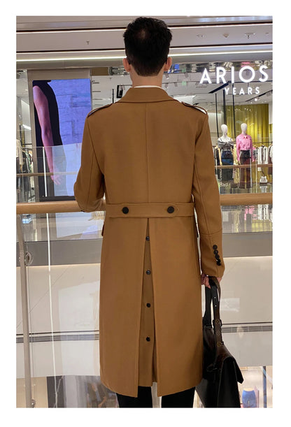 Worsted pure wool coat for men super long, knee length double breasted thickened and warm classic business wool coat for men