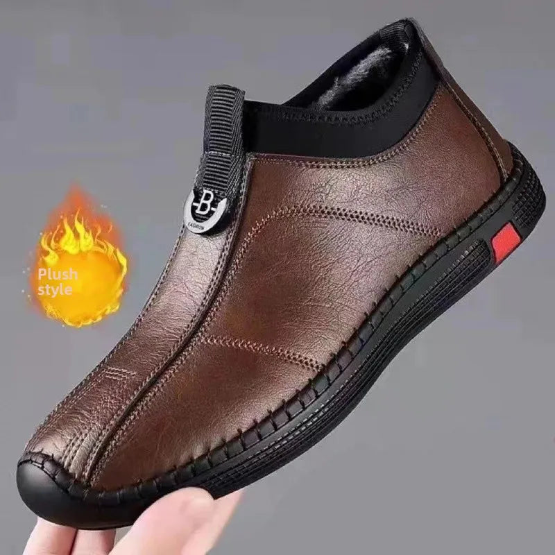 Zapatos casuales de cuero para hombre, ligeros, antideslizantes, de suela suave, sin cordones, con forro polar, cálidos, para conducir, transpirables, para verano
