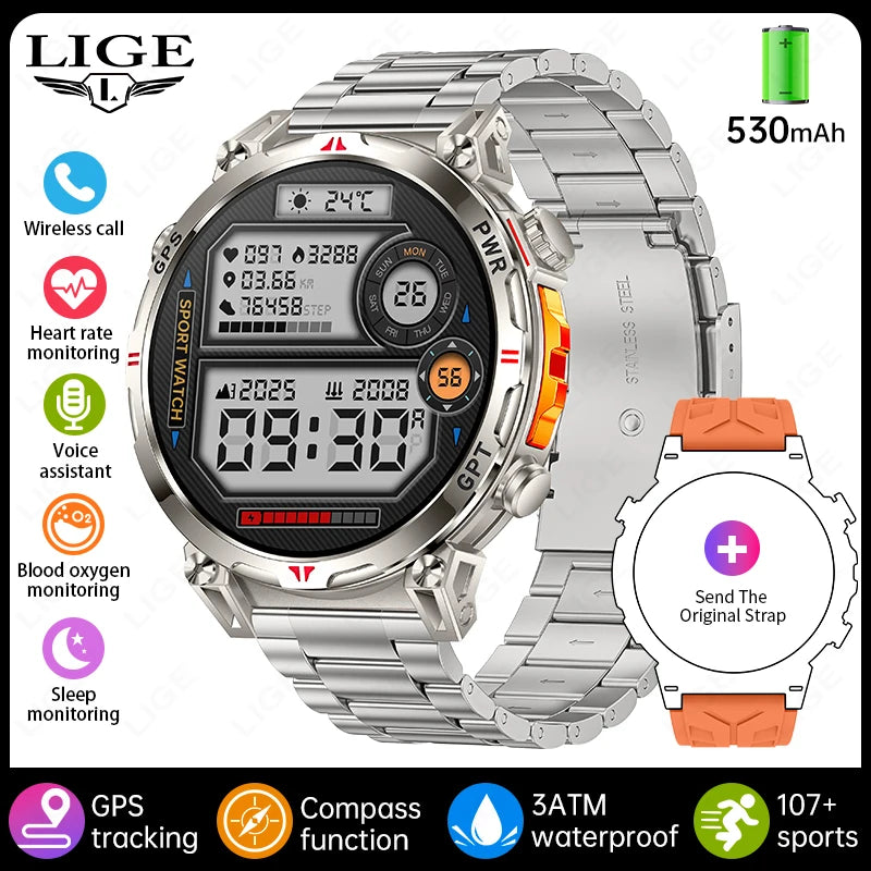 Reloj inteligente con GPS para hombre, pulsera deportiva con control del ritmo cardíaco, Bluetooth, llamadas, 530 mAh, resistente al agua hasta 3 ATM, 2025