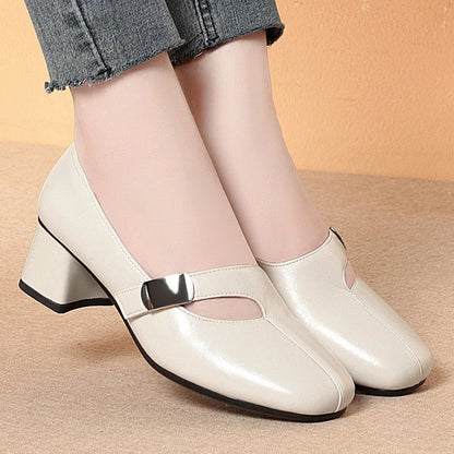 Zapatos Mary Jane vintage de 5 cm, transpirables, cómodos, de boca baja, de piel suave, para mujer, primavera 2025, tacones de bloque medianos para oficina, mamá