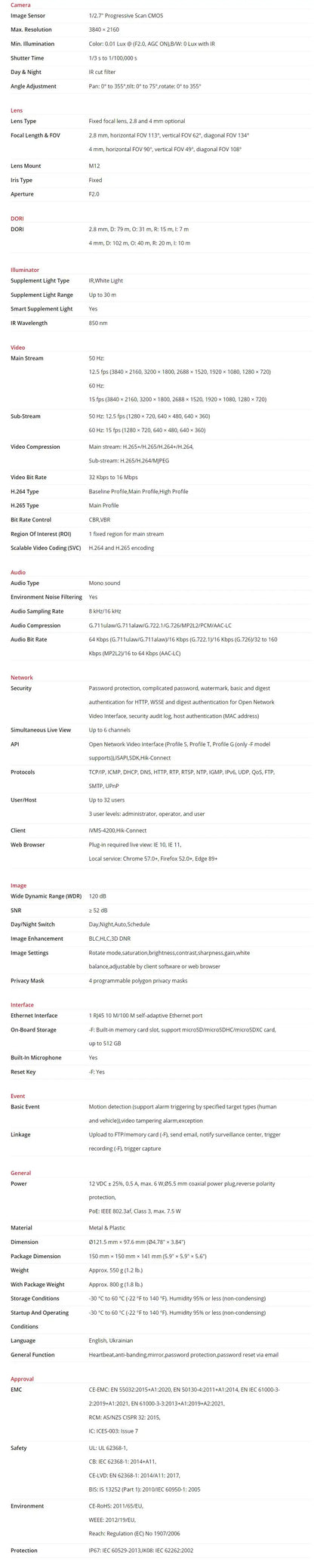 Cámara IP Hikvision ColorVu Smart Hybrid Light de 8 MP DS-2CD1183G2-LIU DS-2CD1183G2-LIUF MD 2.0 con detección humana, micrófono, ranura para tarjeta SD, IP67 y PoE.