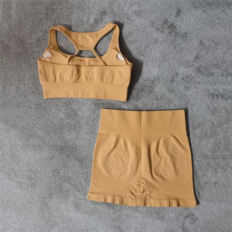 Conjunto de yoga fitness sin costuras para mujer, ropa deportiva de cintura alta, leggings, pantalones cortos de dos piezas, ropa de gimnasio para mujer