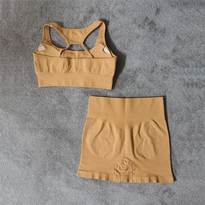 Conjunto de yoga fitness sin costuras para mujer, ropa deportiva de cintura alta, leggings, pantalones cortos de dos piezas, ropa de gimnasio para mujer