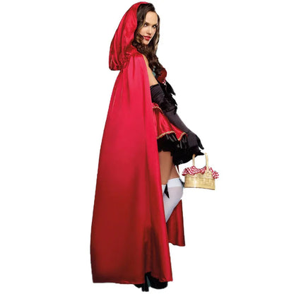 Women Little Red Riding Hood Costume Fancy Adult Halloween Cosplay Fantasia Carnival Fairy Tale Girl Dress+Cloak Women Party Set