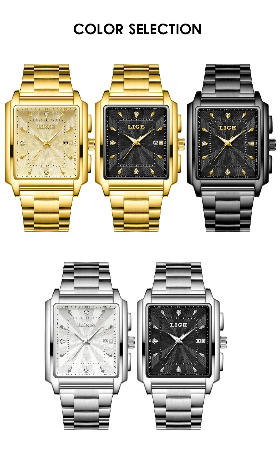 LIGE - Reloj de negocios de moda para hombre, cuadrado, deportivo, resistente al agua, marca superior, de lujo, militar, de cuarzo, cronógrafo de pulsera