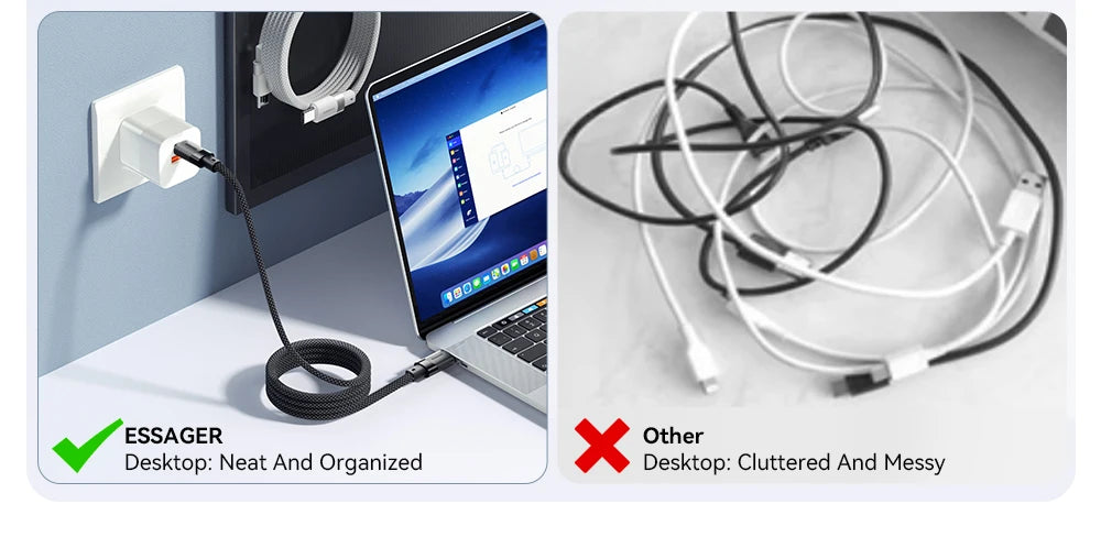 Cable de carga rápida USB-C a C Essager PD de 100 W con succión magnética y antienrollamiento para iPhone 15, portátil y Samsung.