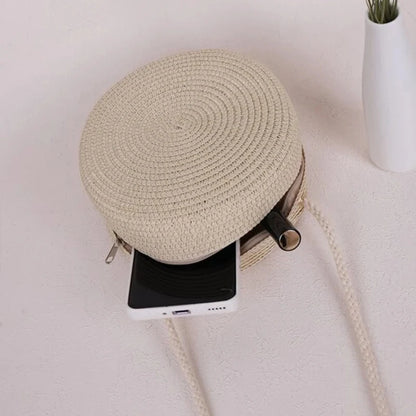 Bolso redondo de paja para mujer, tejido a mano, tipo bandolera, para playa, bonito bolso de mano pequeño de ratán tejido a mano, de color caramelo