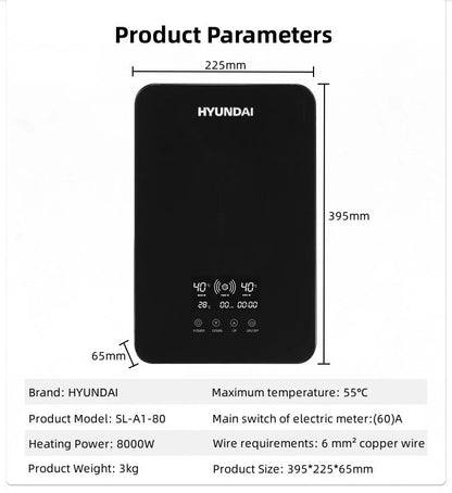 Calentador de agua eléctrico pequeño HYUNDAI con calentamiento rápido e instantáneo, temperatura constante inteligente y pantalla en inglés para ducha o baño.