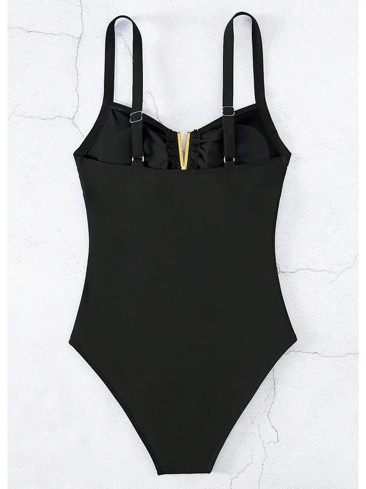 Trajes de baño plisados ​​con cuello en V 2025 para mujer, traje de baño de una pieza para mujer, traje de baño de corte alto, traje de baño ajustado para playa.