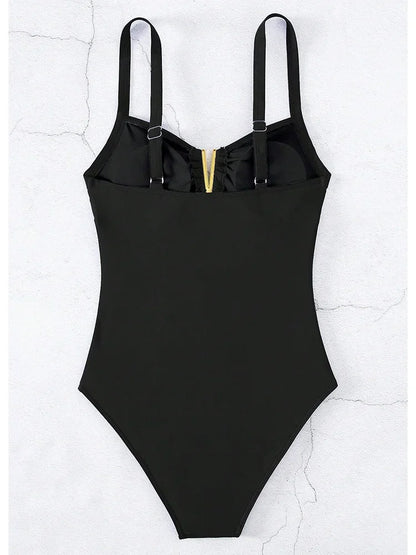 Trajes de baño plisados ​​con cuello en V 2025 para mujer, traje de baño de una pieza para mujer, traje de baño de corte alto, traje de baño ajustado para playa.