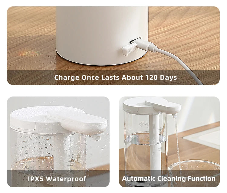 Dispensador automático de jabón líquido de 500 ml para cocina, recargable por USB, sin contacto, de alta capacidad, para detergente. También apto para baño.