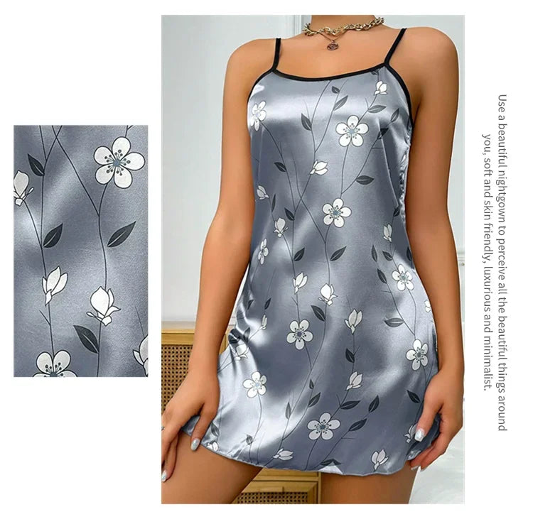 Camisón de satén con estampado floral para mujer, ropa de dormir informal sin mangas y sin espalda, sexy, para el hogar