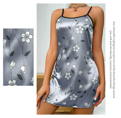 Camisón de satén con estampado floral para mujer, ropa de dormir informal sin mangas y sin espalda, sexy, para el hogar