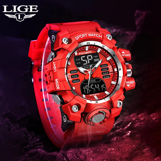 Reloj de hombre LIGE de lujo original, reloj deportivo militar de moda, reloj de cuarzo con pantalla LED dual, calendario, cronógrafo.
