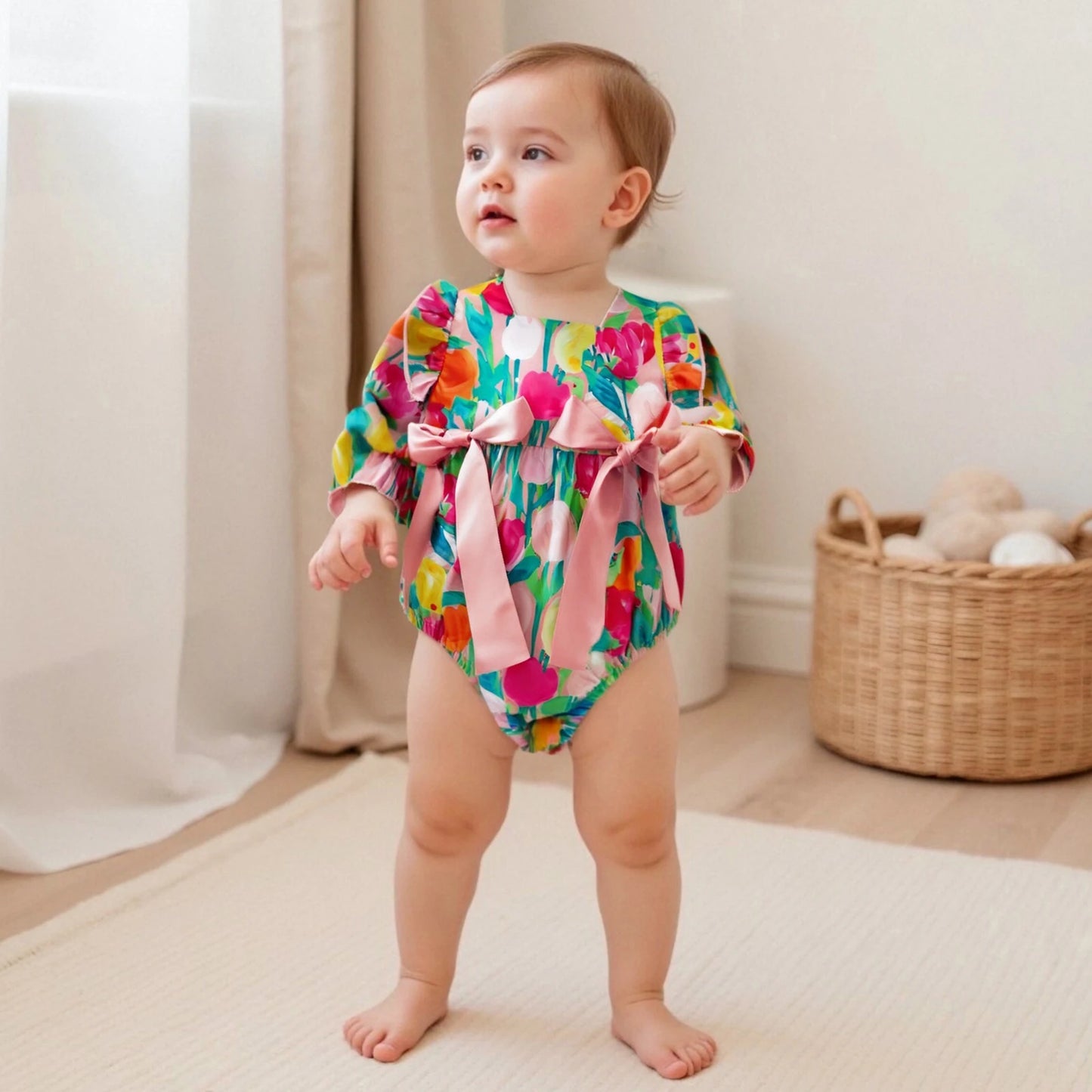 Ropa de bebé para niñas, primavera y otoño, mono con estampado floral y volantes de manga larga, ropa dulce para recién nacidos.