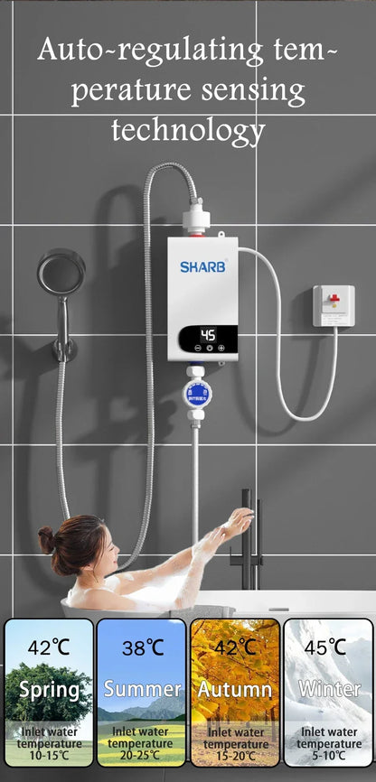 Calentador de agua eléctrico instantáneo sin tanque con temperatura constante y pantalla digital. Calentador de agua a demanda.