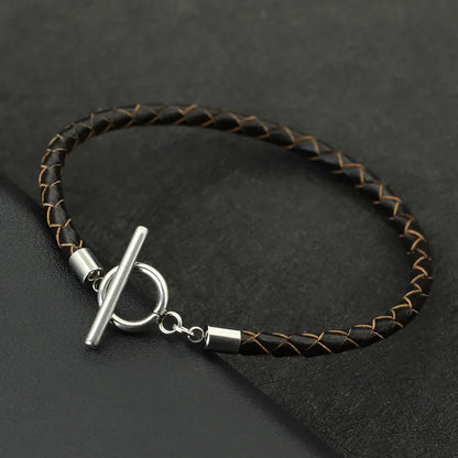 Pulsera de cuero genuino de hip hop para hombre, brazalete con hebilla OT de acero inoxidable resistente a la decoloración, accesorios para hombre, regalos para él, pulsera para hombre