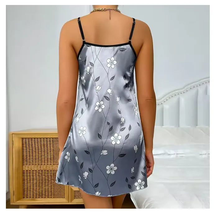Camisón de satén con estampado floral para mujer, ropa de dormir informal sin mangas y sin espalda, sexy, para el hogar