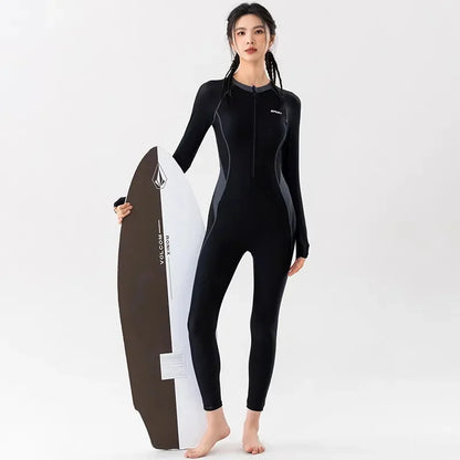 Oferta de temporada: Traje de baño de una pieza, nuevo estilo deportivo, manga larga, térmico, para mujer, talla grande, protector solar, diseño conservador.
