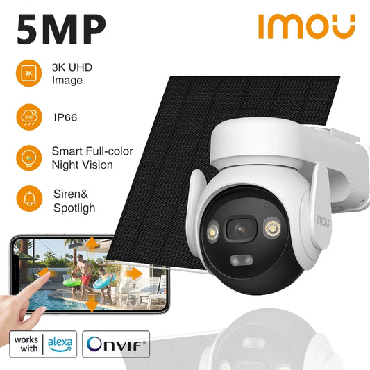 Cámara de seguridad exterior IMOU AOV PT de 5 MP con panel solar, 360°, PTZ, red wifi 4G LTE, batería de 10000 mAh, cámara IP con seguimiento automático