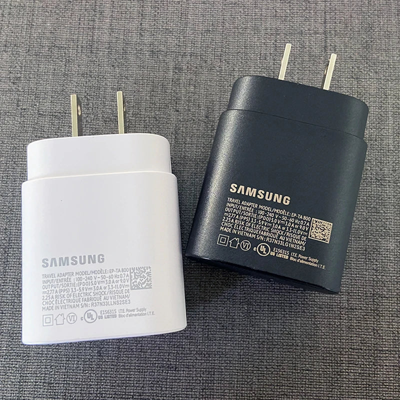 Adaptador de pared superrápido EP-TA800 de Samsung con carga rápida y cable USB-C de 100 cm para Galaxy Note 10, 20, S22, S21 Ultra, S10+, A55 y A15 Plus.