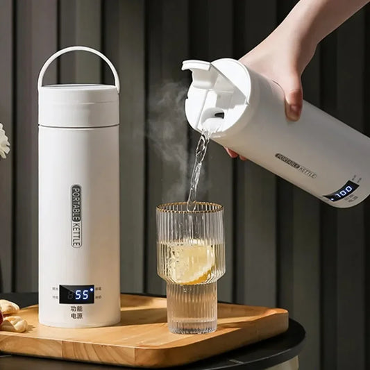 Hervidores eléctricos de 500 ml, tetera portátil para té y café, para viajes, taza térmica, botella de agua antiescaldaduras, menú en inglés