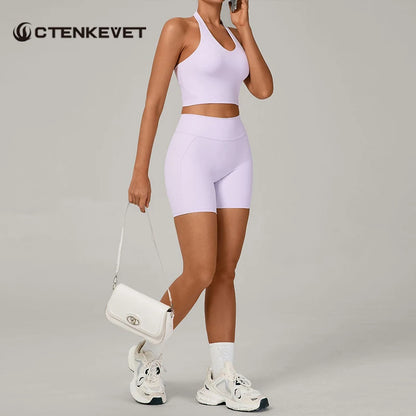 Ctenkevet - Conjunto de 2 piezas de sujetador halter sin espalda para mujer, ropa deportiva de secado rápido para gimnasio, conjunto deportivo femenino de dos piezas con pantalones cortos