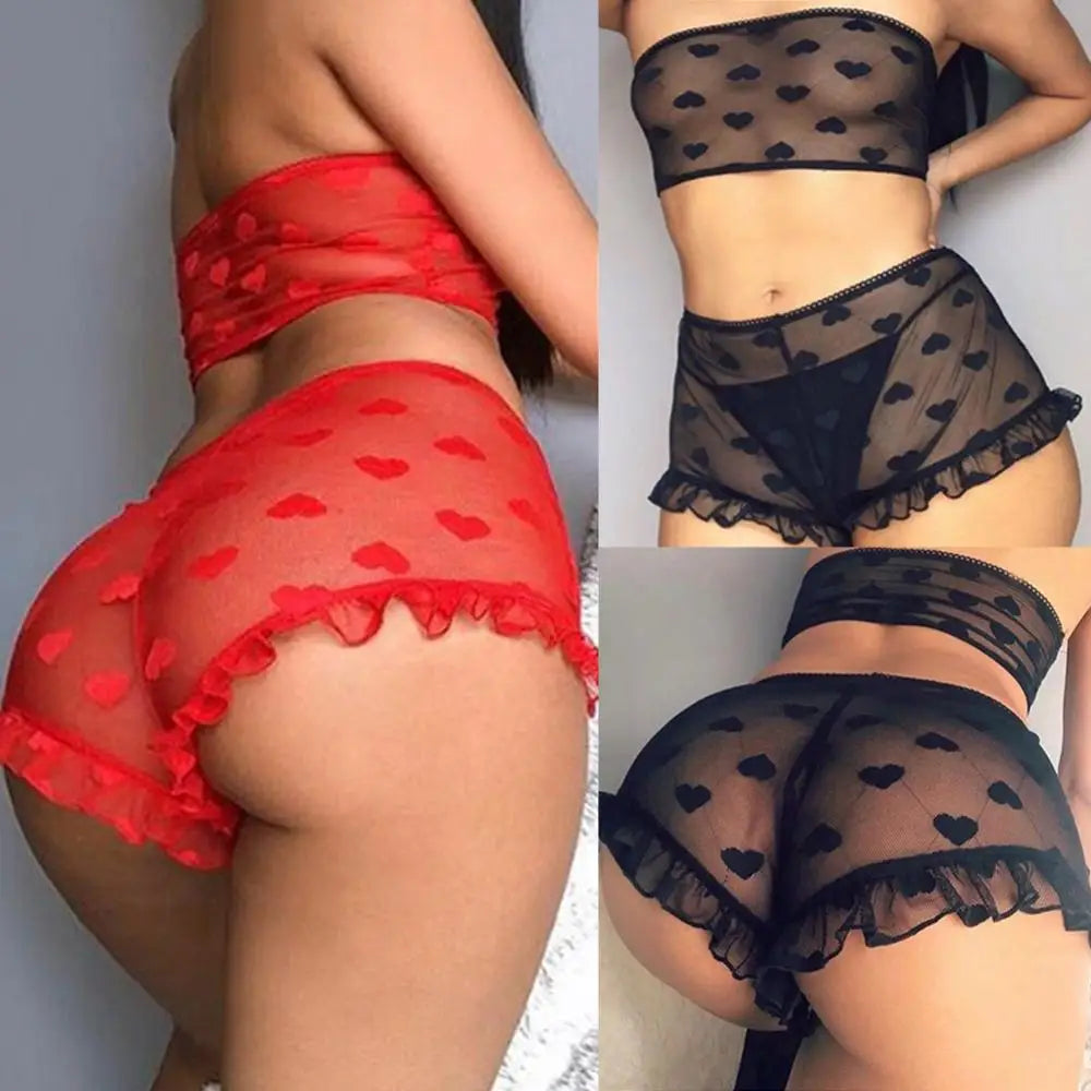 Conjunto de ropa interior erótica para mujer, top de tubo con estampado de corazones transparente, microshorts de encaje, lencería sin entrepierna, body sexy de encaje tipo babydoll.
