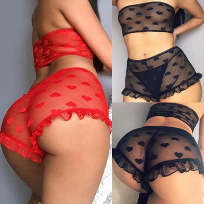 Conjunto de ropa interior erótica para mujer, top de tubo con estampado de corazones transparente, microshorts de encaje, lencería sin entrepierna, body sexy de encaje tipo babydoll.