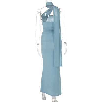 Vestido largo ajustado Hugcitar sin mangas, con espalda descubierta y escote halter. Ideal para fiestas de verano, cumpleaños y eventos especiales.