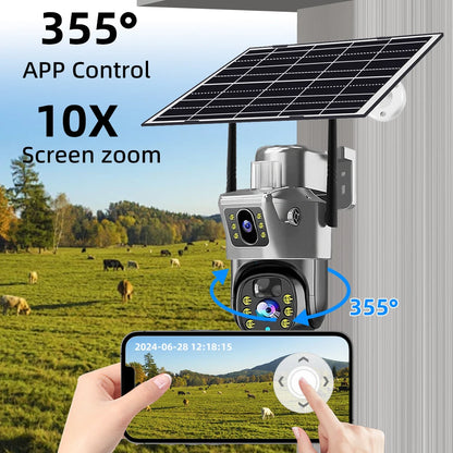 Cámara de seguridad CCTV V380 Pro 4K 8MP con 2 lentes, WiFi 4G, energía solar, visión nocturna PIR para exteriores, IP66, batería de bajo consumo.