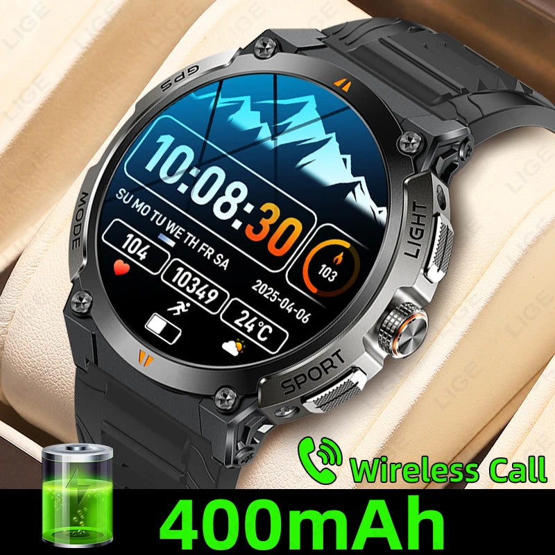 LIGE - Nuevo reloj inteligente con GPS para hombre, llamadas Bluetooth, batería grande de 400 mAh, pantalla AMOLED de 1,43 pulgadas, voz IA, IP68, resistente al agua