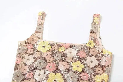 Vestido de fiesta sexy para mujer, estilo discoteca, con lentejuelas florales, tipo pueblo, tirantes finos, mini, primavera/verano 2025, vestido ajustado y entallado.