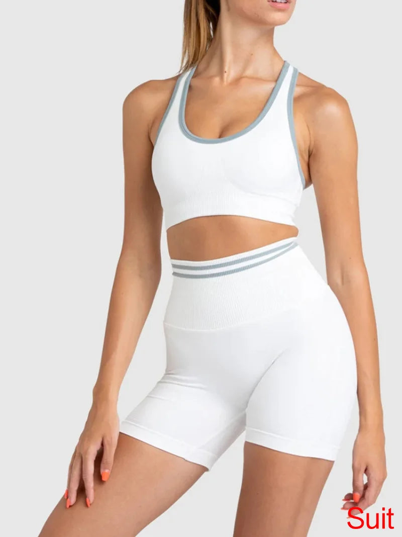 Conjuntos de ropa deportiva de media pieza sin costuras para mujer, conjuntos de gimnasio de manga larga, sujetador deportivo de yoga, leggings push up y mallas deportivas.