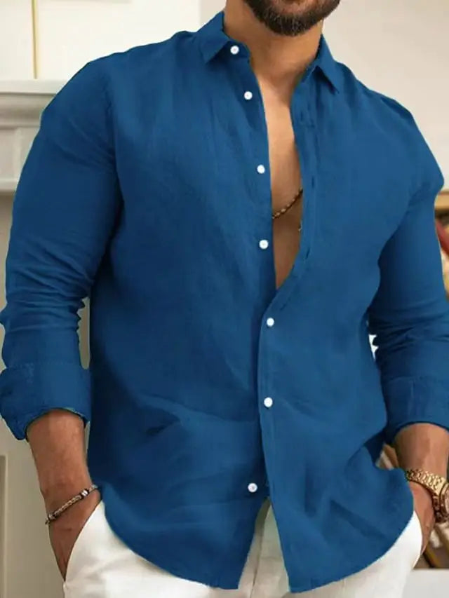 Camisa lisa de lino y algodón de color liso para hombre, camisa clásica de manga larga con solapa y botones, holgada, a la moda para primavera y verano