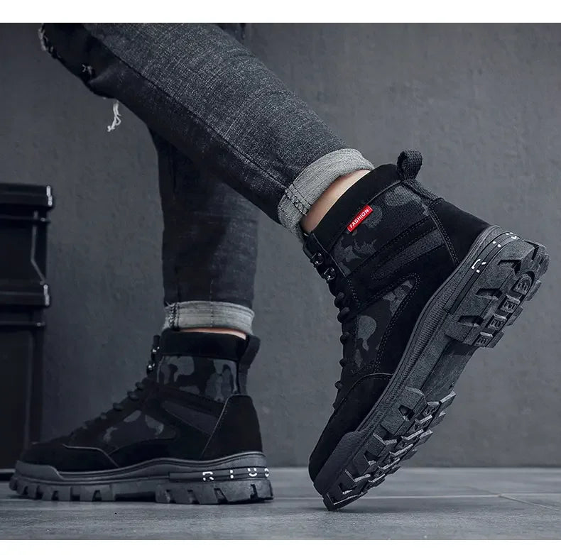 Botas altas para hombre, suela plana, ligeras, para senderismo, exteriores, negras, para correr, tenis, caminar, motocicleta