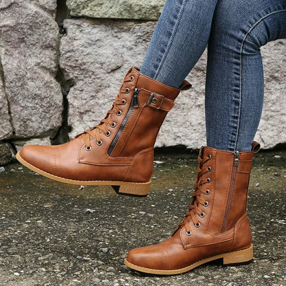 Botines de tacón cuadrado para mujer, botas de trabajo cortas de piel sintética para otoño e invierno, botas elásticas con cordones de talla grande para mujer 2024