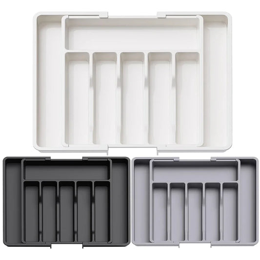 Organizador de cubiertos ajustable con divisores, bandeja de plástico para cucharas, tenedores y cuchillos.