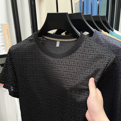 Camiseta de cuello redondo y manga corta de jacquard de moda para hombre, nueva, informal, cómoda y versátil para todas las estaciones, 2025