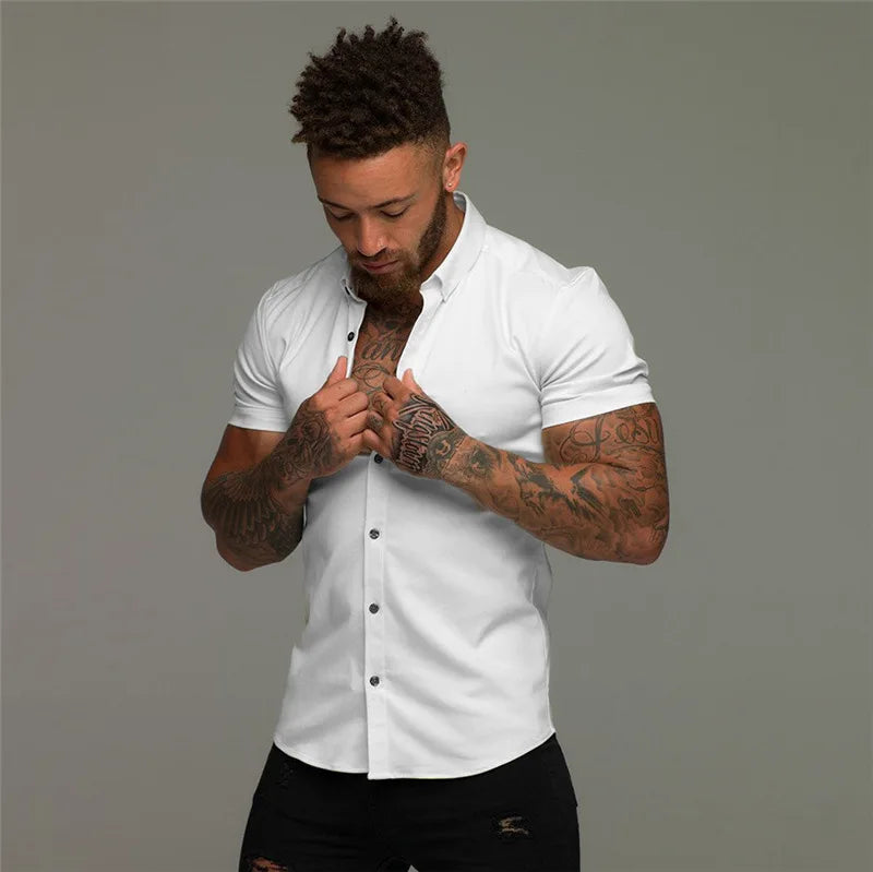 Camisas de vestir ajustadas para hombre, estilo casual de verano, con cuello vuelto, manga corta y botones LXDZ-110