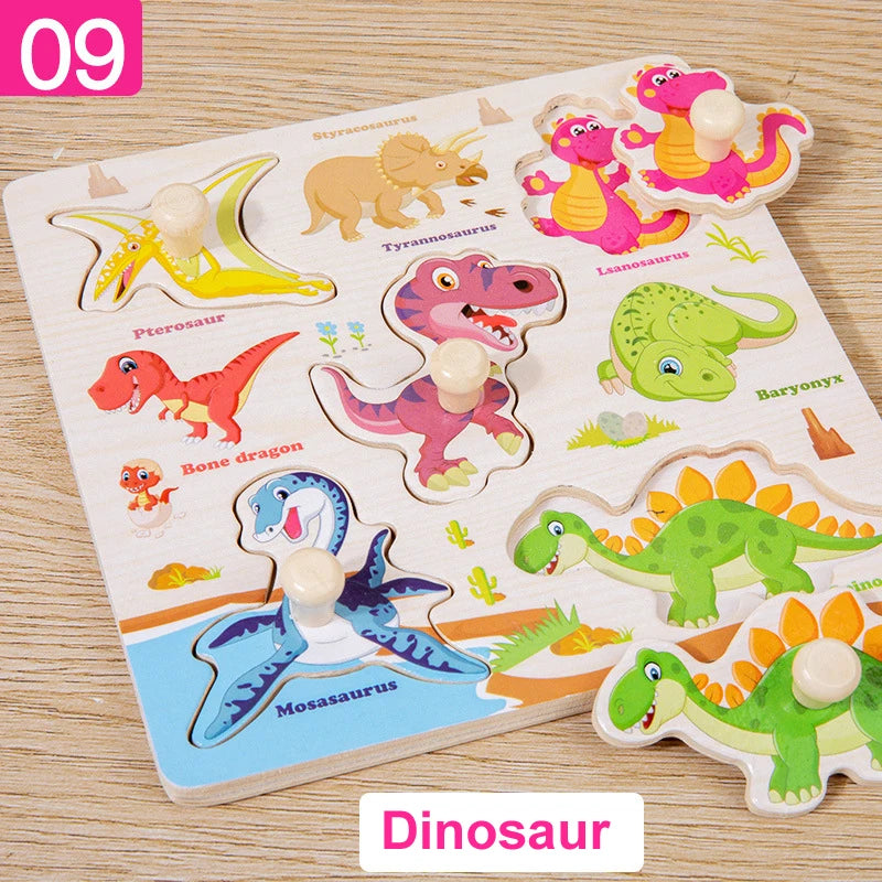 Rompecabezas de madera Montessori, juguetes para niños, dibujos animados de animales, tráfico, tableros de agarre, juguetes educativos de aprendizaje temprano para niños.