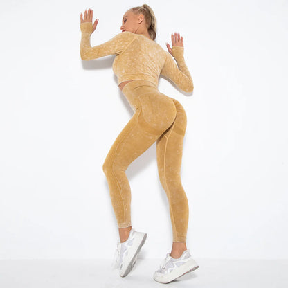 Conjunto de Yoga para Mujer de Alta Calidad, Sin Costuras, 2 Piezas, Camiseta Deportiva de Manga Larga con Color Degradado y Leggings Cortos, Ropa Deportiva para Mujer, 2 Piezas