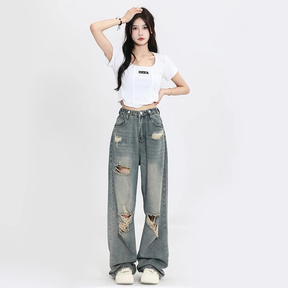Pantalones vaqueros retro americanos con agujeros para mujer, cintura alta, tiro recto, diseño holgado y ajustado, estilo urbano, pierna ancha y largos.