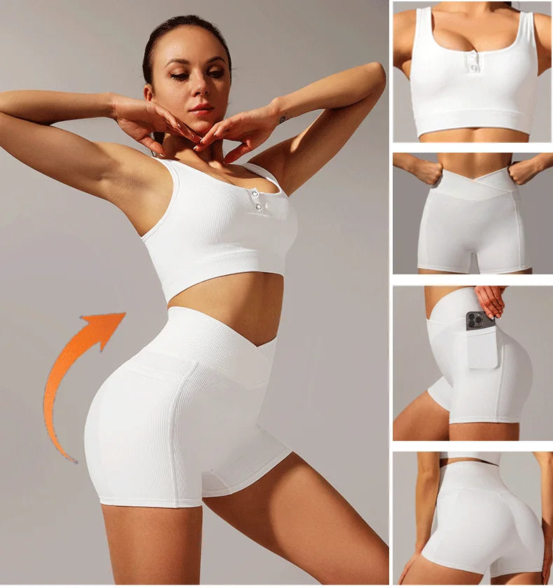Conjunto de yoga y fitness para mujer, sujetador deportivo con cintura cruzada, mallas y pantalones cortos, ropa deportiva para mujer, conjuntos de entrenamiento, ropa para correr, fitness y gimnasio.