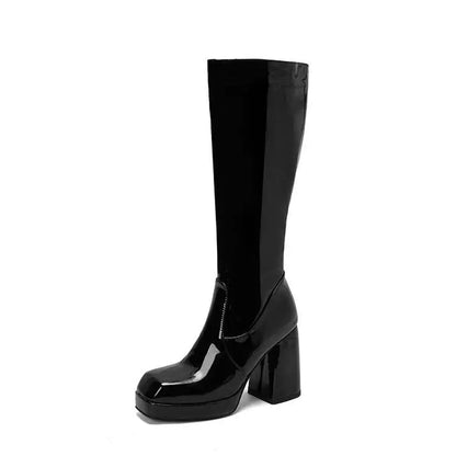 Botas altas impermeables para mujer, con plataforma de 10 cm y punta cuadrada, botines de invierno 2025 hasta la rodilla con tacón grueso, talla grande 43