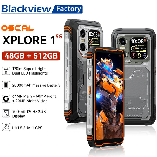 Teléfono resistente Blackview XPLORE 1 (2025) con pantalla 2.4K de 6.78", smartphone 5G, 6 GB de RAM + 512 GB de almacenamiento, batería de 20000 mAh, cámara de 64 MP, Android 15, NFC y portátil.