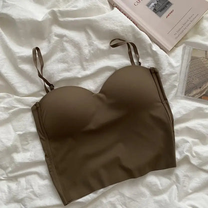 Aishang - Camiseta interior de seda fina sin tirantes para mujer, con espalda francesa, copa fija integrada, para uso exterior, con efecto envuelto en el pecho