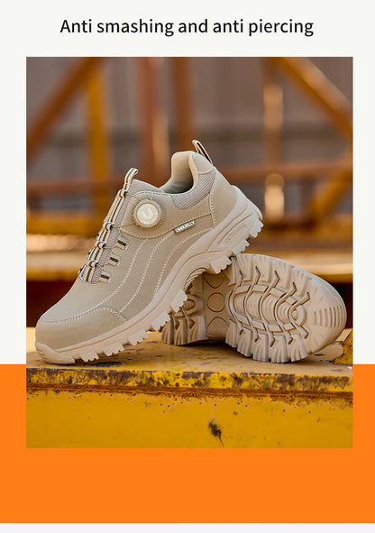 Calzado de seguridad para hombre con diseño de botones, puntera de acero, resistente a la compresión y suela antideslizante para trabajo en exteriores y talleres.