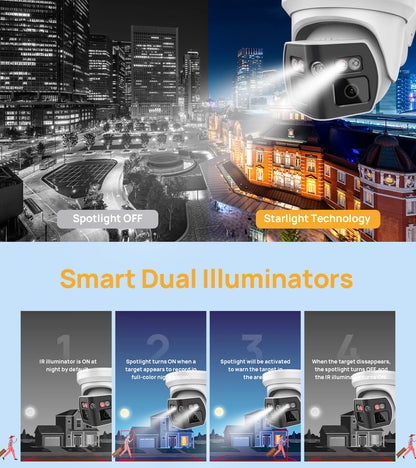 Cámara IP panorámica VIKYLIN compatible con Hikvision, 8 MP, 2 lentes, audio bidireccional, alarma MD2.0, videovigilancia exterior.